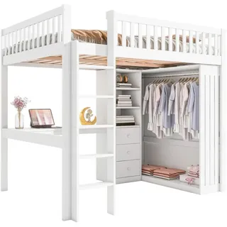 HAUSS SPOLE Hochbett 140x200cm mit Schreibtisch, Kleiderschrank, 3 Schubladen, Weiß (Hochbett,mit Schreibtisch & Kleiderschrank Inkl. Stauraum, Geländer und Treppe) ohne Matratze