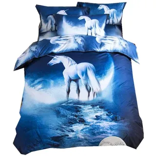 Bettbezug Set 3D Galaxy Sternenhimmel Universum Mond Einhorn Duvet Quilt Und Kissenbezug Einzelbett 135x200cm für Kinder, Jungen, Mädchen Bettwäsche-Set (Blaues Einhorn, 135 x 200 cm)