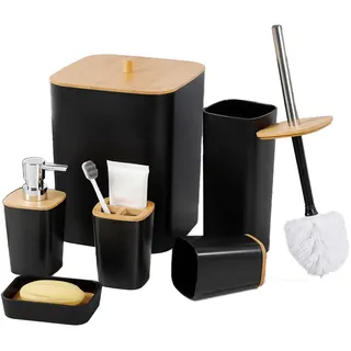 JETAINE 6-teiliges Bambus-Badezimmer-Zubehör-Set, luxuriöses modernes Accessoire, schwarzes WC-Zubehör mit Mülleimer, Zahnbürstenhalter, Tasse, Seifenschale und Seifenspender