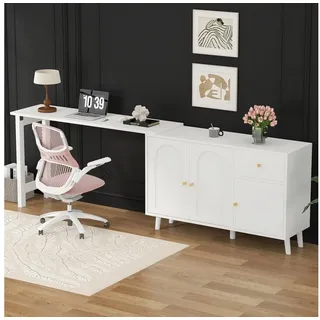 Flieks Kommode mit 360° drehbar Schreibtisch Weiß (2 St), 2 in 1 Sideboard & Computertisch Mehrzweckschrank mit Schubladen weiß