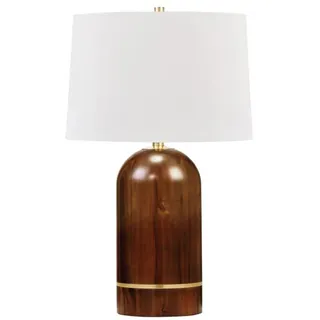 Casa Padrino Luxus Tischleuchte Braun / Antik Messing / Weiß Ø 40,6 x H. 66 cm - Elegante Massivholz Tischlampe mit rundem Leinen Lampenschirm
