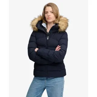 Superdry für Damen. W5012184A Wattierte Fuji-Jacke mit Kunstfell und Kapuze marineblau (S), Lässig, Polyester