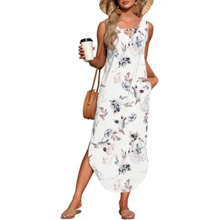 AUSELILY Strandkleid Damen Lang Maxikleid Sommer Blumenkleid Ärmellos Schlitz Hawaii Casual Leicht Mit Taschen Weiße Blumen S - S