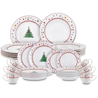 Peill+Putzler Germany Weihnachtsgeschirr,Kombiservice mit Weihnachtsmuster, 30-teiliges Geschirrset für Weihnachten, Bon China Porzellan in weiß für 6 Personen, mit Goldrand daher nur Handwäsche