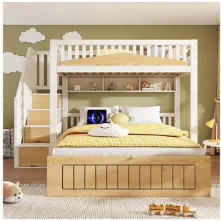 Odikalo Etagenbett Kinderbett Jugendbett 90x200 140x200 mit Bettkasten & USB (mit hydraulischem Stauraum Treppenschrank Sicherheitsgeländer und USB‐C Anschluss, versetztes Familienbett für mehrere Kinder, ohne Matratze)