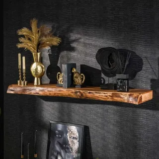 RINGO-Living Massivholz Schweberegal Baumkante in Natur-dunkel, Holzregal 150 cm breit, Echtholz Landhaus Wandregal aus Akazienholz, Massiv Schlichtes Holz, Natur Holzbrett Wand