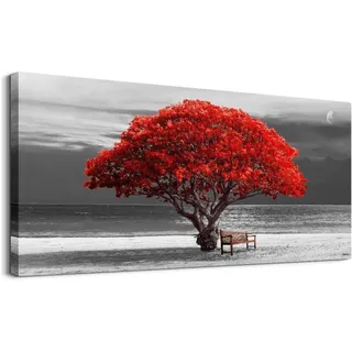 Leinwandbilder 73x146cm Xxl Rote Baum-rahmen Schwarz 150l X 75b Cm