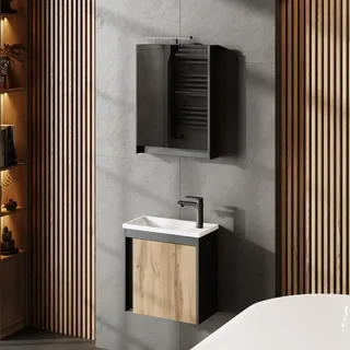 Planetmöbel Waschbecken mit Unterschrank 50 cm Grau Matt/Wotan Eiche, Spiegelschrank Bad mit Beleuchtung 50 cm, Waschtisch Badmöbel Gäste WC Set, 2 teilig