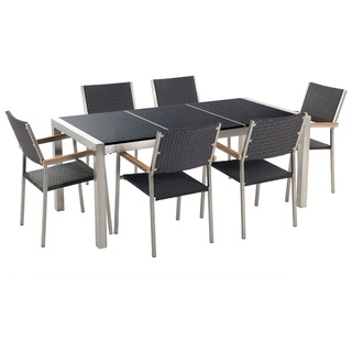 BELIANI Gartenmöbel Set Schwarz Granit Edelstahl Tisch 180 cm Poliert 6 Rattanstühle Terrasse Outdoor Modern