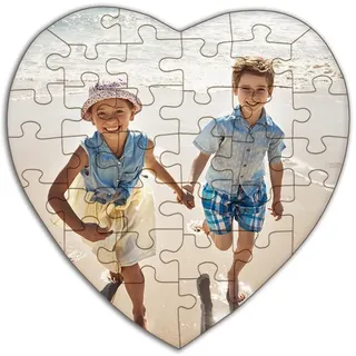 Personalisierbares Fotopuzzle aus Holz in Herz-Form - 34 Teile, 28 x 28 cm - mit eigenen Bildern und Texten gestalten - optional mit Geschenkbox