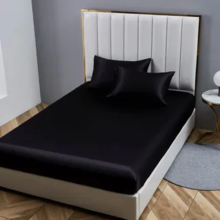 Damier Spannbettlaken 100x200cm Schwarz Satin Seide Glänzend Bettlaken Hochwertiges Deluxe Unifarben Spannbetttuch, geeignet für Matratzen bis 30cm
