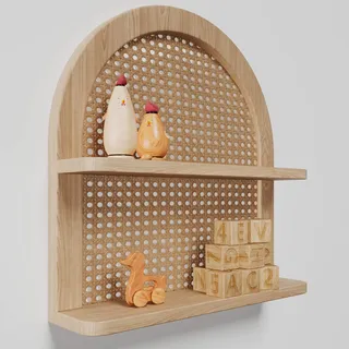 2 Etagen Fächerförmiges Rattan Wandregal Kinderzimmer Regal für Wandaufbewahrung Natürliches Kiefernholz Wicker Wandregal Boho Regal für Netural Kinderzimmer Dekor Dekoratives Regal für Wohnzimmer,