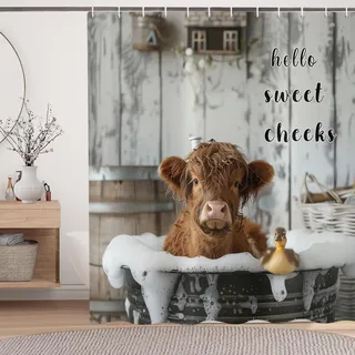 ASDCXZ Lustig Kuh Duschvorhang 200x180 cm, Rustikal Niedlich Hochlandkuh Ente Bad Vintage Bauernhaus Wildtier Wasserdicht Badvorhang Polyester Textil Waschbar Duschvorhänge für Badewanne mit 14 Haken