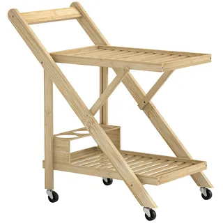 OKWISH Küchenwagen Servierwagen 66x40x70 cm klappbar mit Weinregal für 3 Flaschen und 2 Ablagen auf Rollen mit Bremsen Bambus Natur