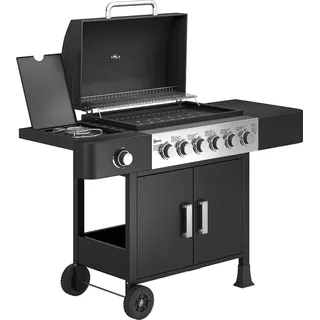 Outsunny Gasgrill 17,8 KW 6+1 Brenner BBQ Grillwagen aus Edelstahl inkl Rolle Seitenbrenner Thermometer Emaille-Grillrost Warmhalterost Seitentisch Unterschrank, Gas-Grill für Balkon BBQ Party   Aosom