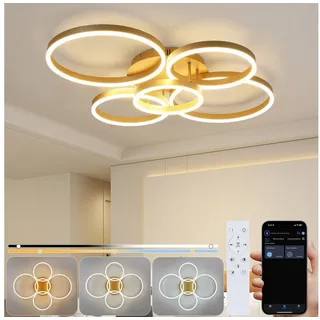 ZMH LED Deckenleuchte Wohnzimmerlampe Dimmbar 78W, 3000-6500K, 5-Ringen Gold Modern Acryl mit Fernbedienung
