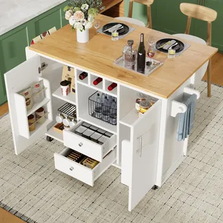 Merax Kücheninsel mit klappbarer Arbeitsplatte, Küchenwagen auf Rollen, Küchenschrank & Buffetwagen mit Weinregal,mobiler Servierwagen, Weiß 120 x 73 (45) x 92 cm