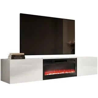 Mirjan24 TV Schrank mit Elektrischem Kamin Slide 200 Fernsehschrank TV Lowboard Griffloses Öffnen Hängeschrank Elektrischer Kamin, Heizung Realistische LED-Flamme (weiß/weiß Hochglan)