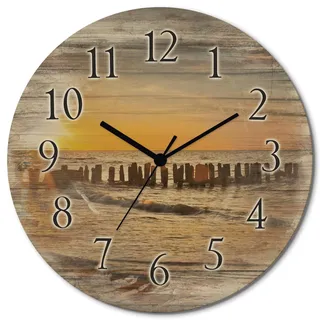 ARTLAND Wanddeko Wanduhr ohne Tickgeräusche aus Holz Quarzuhr lautlos rund Ø 30 cm Schöner Sonnenuntergang am Strand T3ZU Landschaften Strandbilder