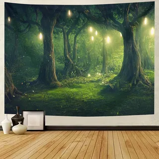 BCughia Wandteppich Wald Grün, Wandbehang Baum Tapisserie Dschungel Natur Wandtuch für Zimmer, Wand, Garten, Außen Deko 210x140 cm