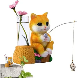 Famanu Gartenfigur Katze - Handgeschnitztes, fröhliches Design - 11x9x11 cm - Katze Typ a