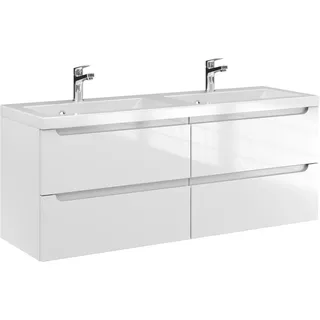 Furni Waschtischunterschrank ETH 120 cm mit Doppelwaschbecken – Weiß Hochglanz – Hängender Badschrank Mineralguss-Waschtisch (Duo) – Frezgriffe – Vormontiert