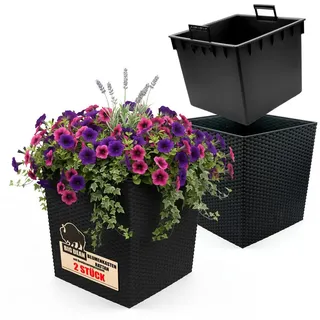 BigDean Blumentopf Rattan-Optik Pflanzkübel 40x40cm Anthrazit - inkl. Bewässerung (Anzahl, 2 St., Pflanzkübel), Wetterfest, Bruchfest, UV-Resistent, Bewässerungssatz schwarz