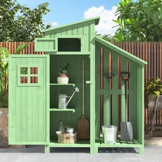 Jaxenor Geräteschuppen Holz für Garten, Terrasse, Gartenschrank Holz mit PVC Dach, Geräteschuppen Klein mit 2 Kleinteileregale, Gartenschrank Wetterfest Outdoor, Grün