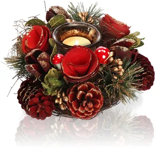 COM-FOUR® Teelichthalter - dekorativer Kerzenständer für Weihnachten und Herbst - Kerzenhalter mit natürlichen Materialien - Handarbeit (Adventsgesteck rote Blume - 1 Kerze)