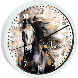 CreaDesign, Wanduhr Kinder personalisiert mit Name, Motiv Wanduhr mit weißen Rahmen Pferd Watercolor, Rahmen Wanduhr weiß, Ø 19,5 cm