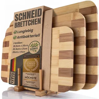 GOODS+GADGETS® 3er Schneidebrett Holz Set Bambus mit Ständer, bis 39,5 cm | 3 Bambus-Schneidebretter mit Ständer, ca. 1,5 cm dick, in drei Größen zum Schneiden und Servieren