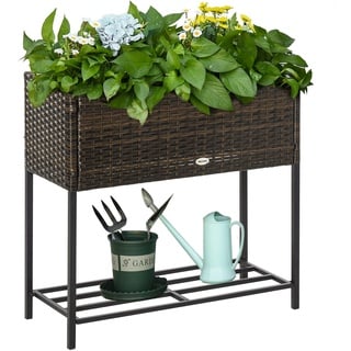 Outsunny Poly Rattan Hochbeet Blumenkasten mit Füßen Blumentopf mit Ablage Braun 70 x 30 x 70 cm