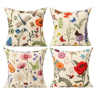 Gartenkissenbezüge – 45 X 45 Cm (4er-set) – Frühlings-/sommerblumenmuster – Landhausstil