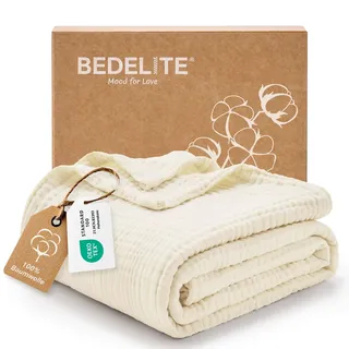 BEDELITE Musselin Decke 127x177 für Erwachsene - extra weiche & atmungsaktive Sommer Tagesdecke als Kuscheldecke aus Baumwolle, Leichter Überwurf für Bett, Sofa und Couch als Sommerdecke, Creme