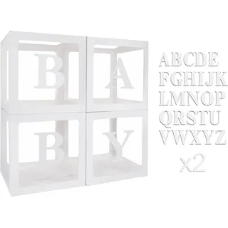 Babyparty Deko, Baby Shower Box für Jungen Mädchen, 4Pcs Babyparty Boxen Dekorations mit 52 Buchstaben A-Z, Weiße Transparente Ballon Box, Gender Reveal Party Boxen Hintergrund