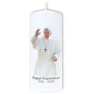 Fritz Cox Stumpenkerze Trauerkerze 'Papst Franziskus' Erinnerungslicht mit Bild – 15x6 cm