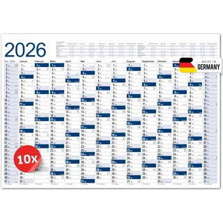 PRIMUS PRINT XXL Kalender 2026 – Plakatkalender 2026 – Wandkalender in Postergröße A1 (594x841 mm), Jahresplaner für 2026, Wandplaner in Blau oder Grün – Gerollt [ 10er Set-Blau ]