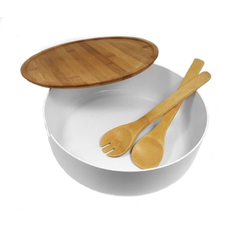 Spetebo Salatschüssel XXL Salatschüssel mit Bambus Deckel, Kunststoff, (Packung, 1-tlg), Kunststoff Schale groß inklusive Holz Besteck weiß