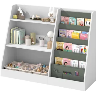 Kinderregal mit 4 Ablage und 3 offenen Fächern, Bücherregal für Kinder, Kinderzimmerregal, Bücherregal Aufbewahrungsregal für Kinder, Spielzeug-Organizer für Spielzimmer, 80 x 30 x 67.5 cm (Weiß)