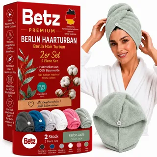 Betz Frottee Turban Berlin – 2er Set Haarturban aus 100% Baumwolle – Turban Handtuch mit Knopfverschluss – Kopfhandtuch für Damen, ideal für Bad & Wellness Farbe Jade