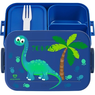 wolga-kreativ Personalisierte Mepal Lunchbox blau für Jungen mit Dino Palme Motiv - Brotbox mit Fächern und Unterteilung für Schule, Kindergarten und Unterwegs