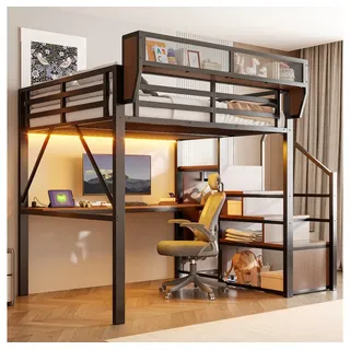 BBWL Metallbett mit LED Lichtleiste, langem Schreibtisch, Sicherheitsleiter & Stauraum, Hochbett 140x200 cm Metall – Loftbett schwarz