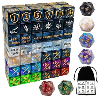 90-teiliges MTG Counter Würfel Set - Fähigkeits-Stichwort-Zähler, -1/+1 Lebenszähler, Schildzähler, MTG Muster-Würfel, Kreaturen-Statistik-Buffs, mehrfarbige Marmor D6 Würfel, MTG Spiele