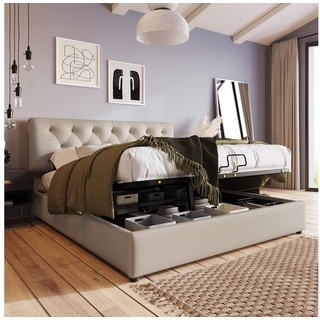 OKWISH Polsterbett Hydraulisch (Verstellbares Kopfteil Doppelbett,Bett mit Lattenrost aus Metallrahmen, Modernes Bettgestell mit Stauraum), 140x200cm, ohne-Matratze grau