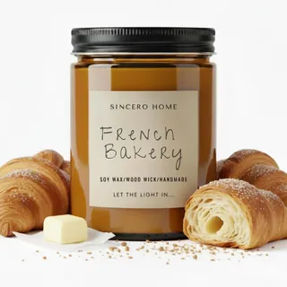 Sincero Home Duftkerze - Handgefertigte Sojawachskerze mit Holzdocht, 450g, 60 Stunden Brenndauer, Croissant-Aroma, Natürliche und Umweltfreundliche Kerze