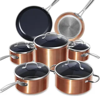 Nuwave Topfset Pfannenset 12-Teilig Antihaft- Keramik aus G10 Duralon Blue in Rustikalem Kupfer, Kochtöpfe mit Topfdeckel, für Induktion Geeignet, Pfanne 20/24cm, Kochtopf, Tiefe Bratpfanne, PFAS-frei