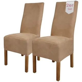 Scheffler Home Stuhlhussen Beige Velours 2er Set Leon – Waschbare elastische Stuhlbezüge für Esszimmerstühle, Hochlehner und Polsterstühle – Stretch Husse, Oeko-TEX Zertifiziert