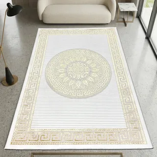 CARPETIA Teppich Orientmuster Creme Gold mit Glanzeffekt 100x200 cm | Pflegeleicht, strapazierfähig und schmutzabweisend, OEKO-TEX geprüft, für Fußbodenheizung, mit Glanzeffekt