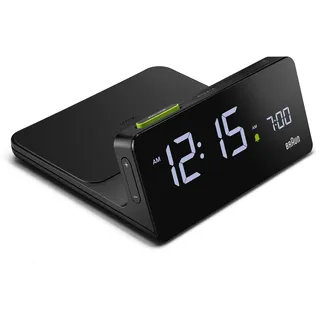 Braun Digitaler Wecker mit VA-LCD-Display, kabelloses 10W Qi-Schnellladepad, automatische Einstellung der Hintergrundbeleuchtung, Schnellschaltung, Pieptonwecker in Schwarz, Modell BC21B.