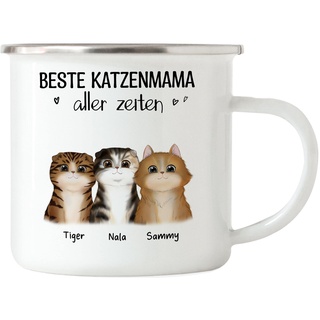 Kiddle-Design Katzenbesitzer Emaille Tasse Personalisiert Geschenk Katzenmama Katzenliebhaber Katzenmotiv Spruch Name Katzenfreund Haustier 3 Katzen